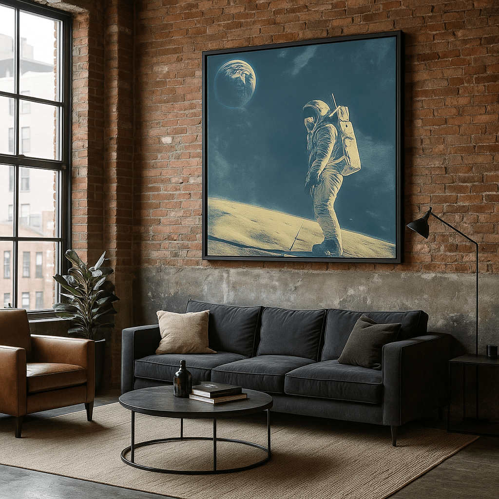 Canvas Print: Lunar Reverie – Astronaut Canvas Print | Surreal Space Wall Art for Modern Homes modern abstract canvas wall art by Rossetti Art – luxury interior design artwork for living room, bedroom, office – abstract wall art contemporary wall design extra large canvas wall art for living room