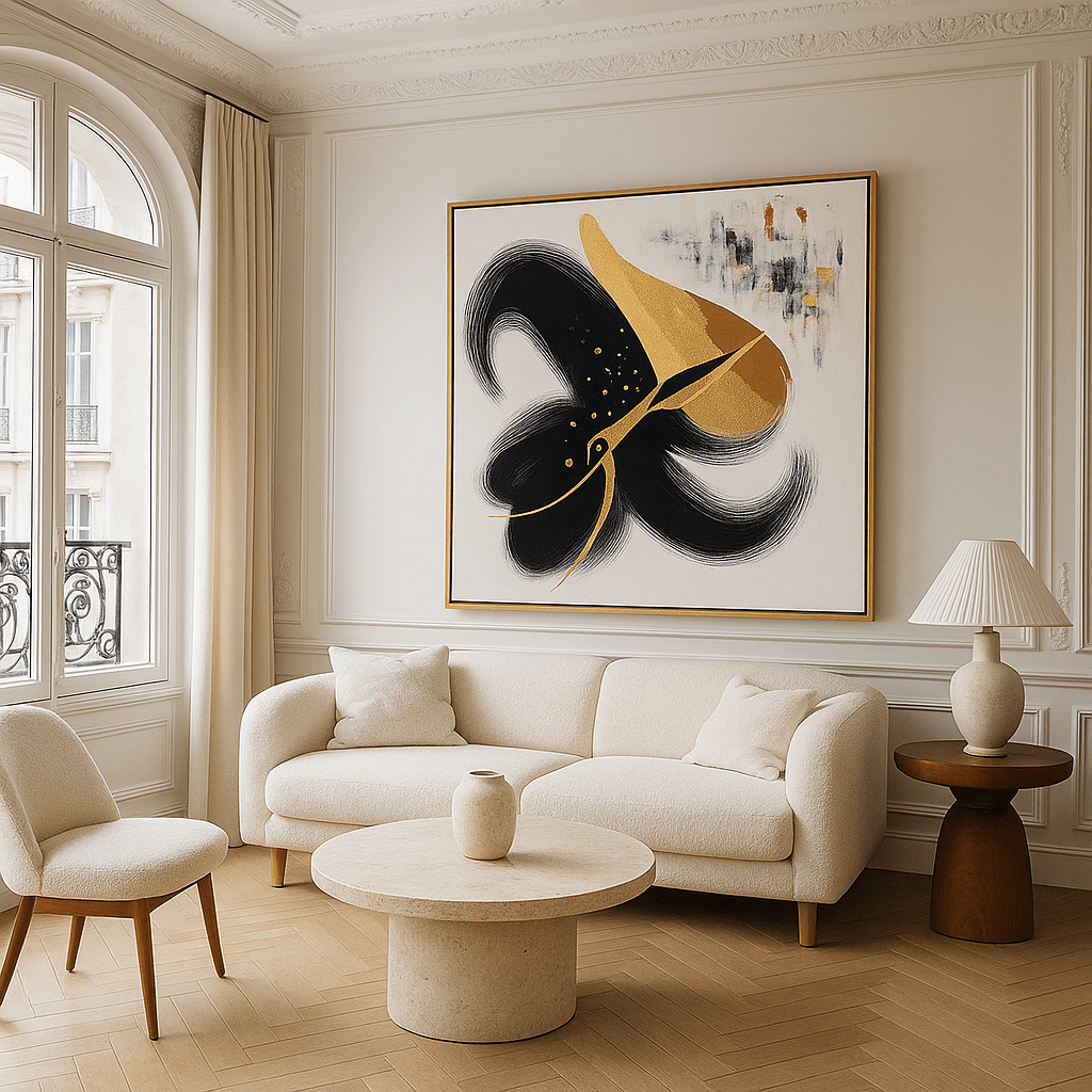 Canvas Print: “Luxe Inkflow” – Abstract Gold & Black Canvas Art modern abstract canvas wall art by Rossetti Art – luxury interior design artwork for living room, bedroom, office – Abstract gold art Black and gold wall art