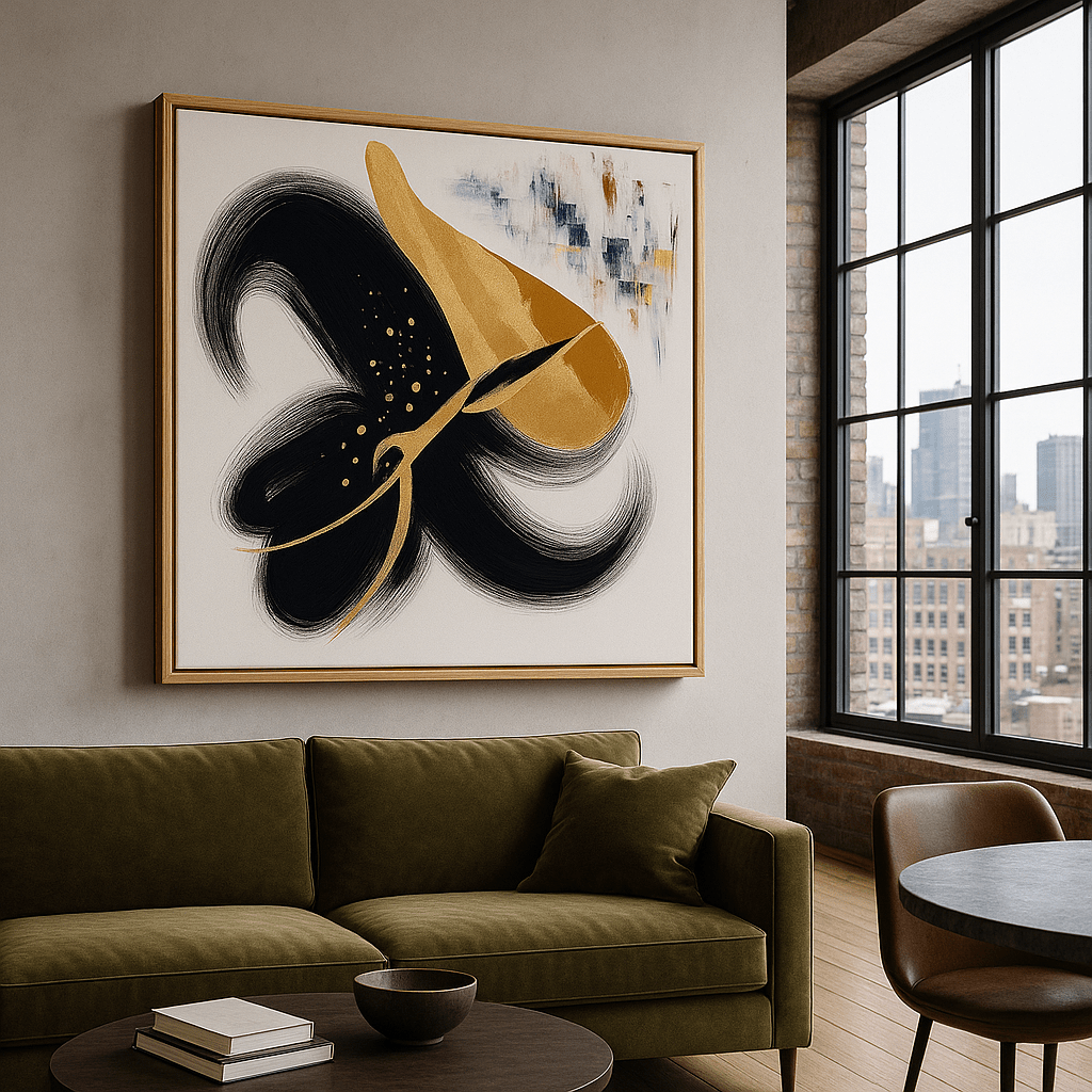 Canvas Print: “Luxe Inkflow” – Abstract Gold & Black Canvas Art modern abstract canvas wall art by Rossetti Art – luxury interior design artwork for living room, bedroom, office – Abstract gold art Black and gold wall art
