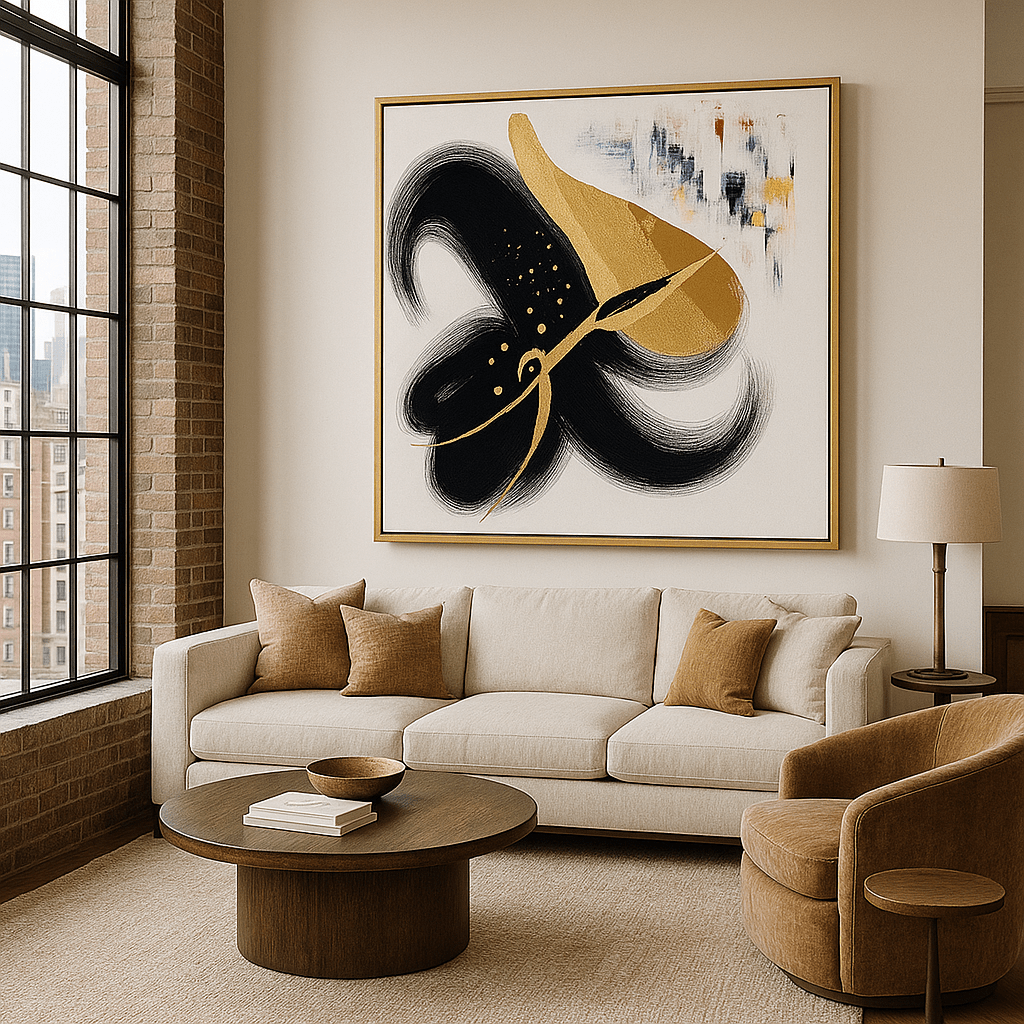 Canvas Print: “Luxe Inkflow” – Abstract Gold & Black Canvas Art modern abstract canvas wall art by Rossetti Art – luxury interior design artwork for living room, bedroom, office – Abstract gold art Black and gold wall art