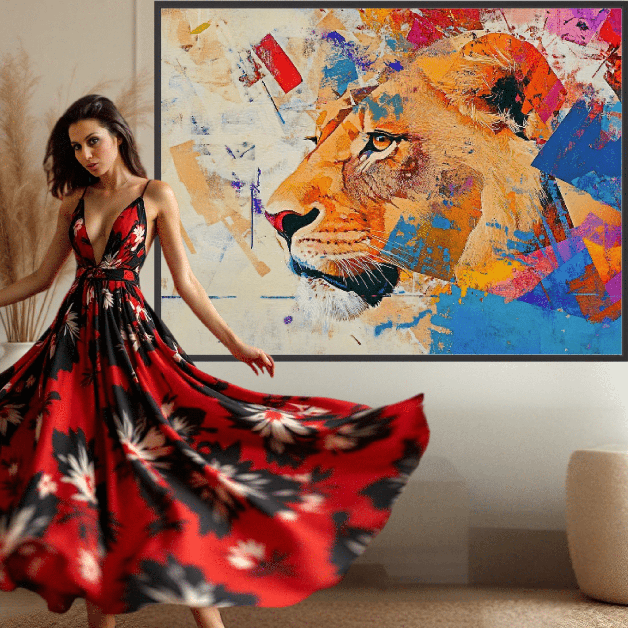 Canvas Print: "Majestic Roar" - Abstract Lion Art on Canvas modern abstract canvas wall art by Rossetti Art – luxury interior design artwork for living room, bedroom, office – Abstract animal decor Contemporary animal art Geometric animal art