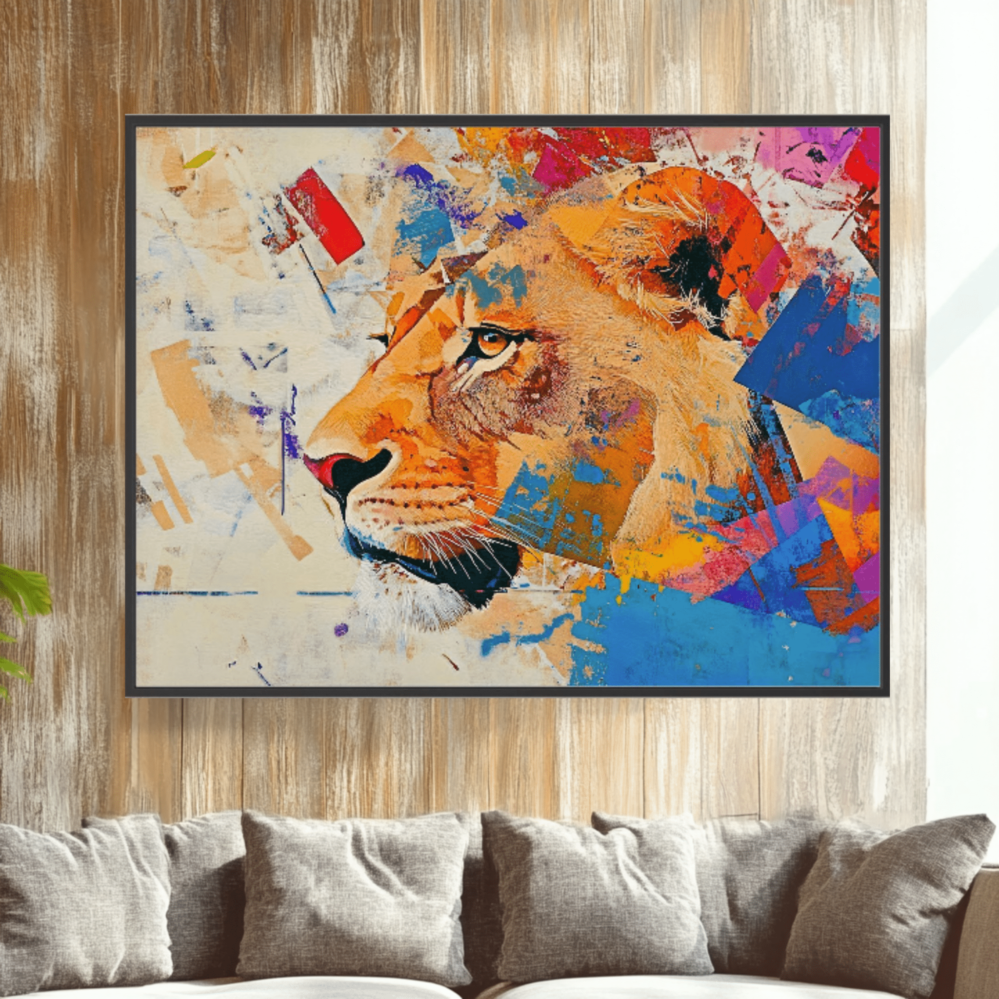 Canvas Print: "Majestic Roar" - Abstract Lion Art on Canvas modern abstract canvas wall art by Rossetti Art – luxury interior design artwork for living room, bedroom, office – Abstract animal decor Contemporary animal art Geometric animal art