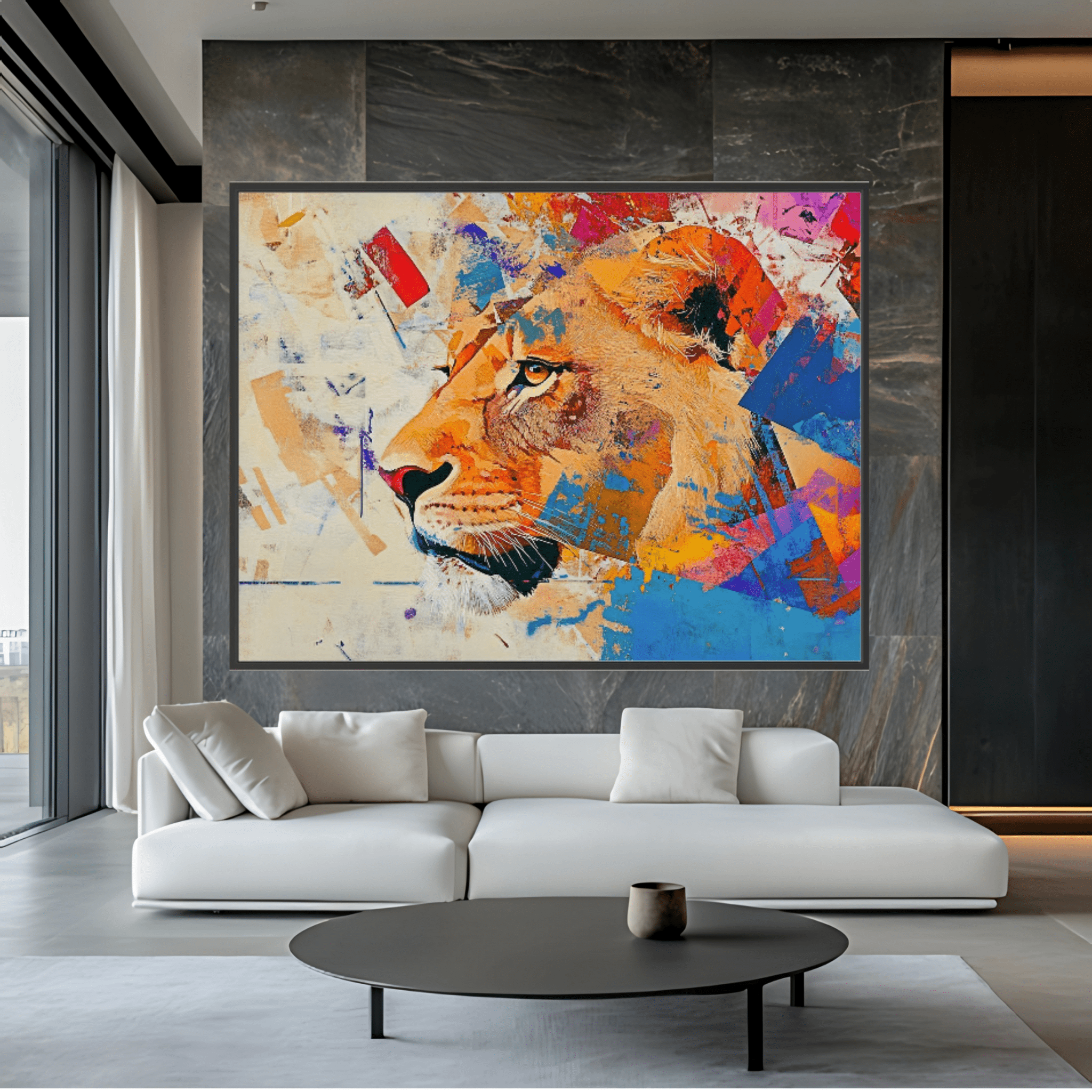 Canvas Print: "Majestic Roar" - Abstract Lion Art on Canvas modern abstract canvas wall art by Rossetti Art – luxury interior design artwork for living room, bedroom, office – Abstract animal decor Contemporary animal art Geometric animal art