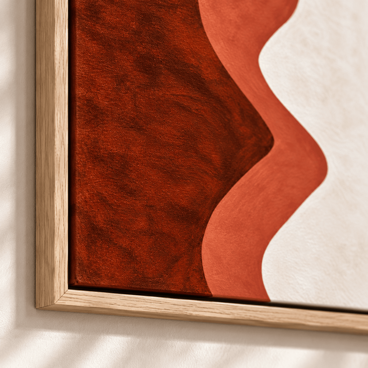 Maroon Wall Art – Ember Ripple canvas print by Rossetti Art, close-up of the oak floater frame corner and wave detail