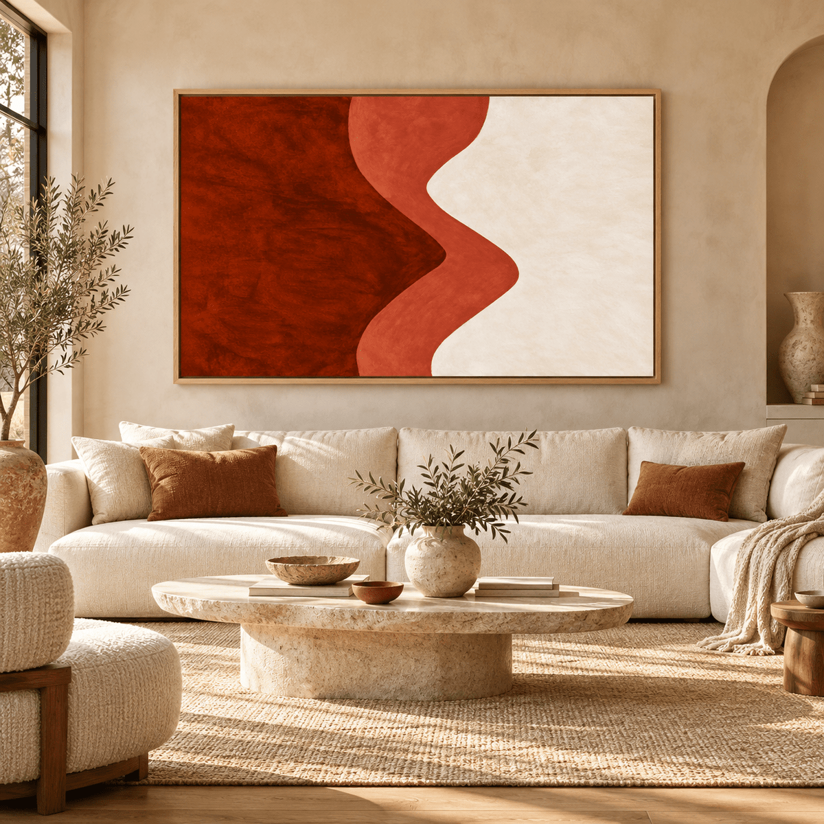 Maroon Wall Art – Ember Ripple canvas print by Rossetti Art above an ivory sofa in a bright living room