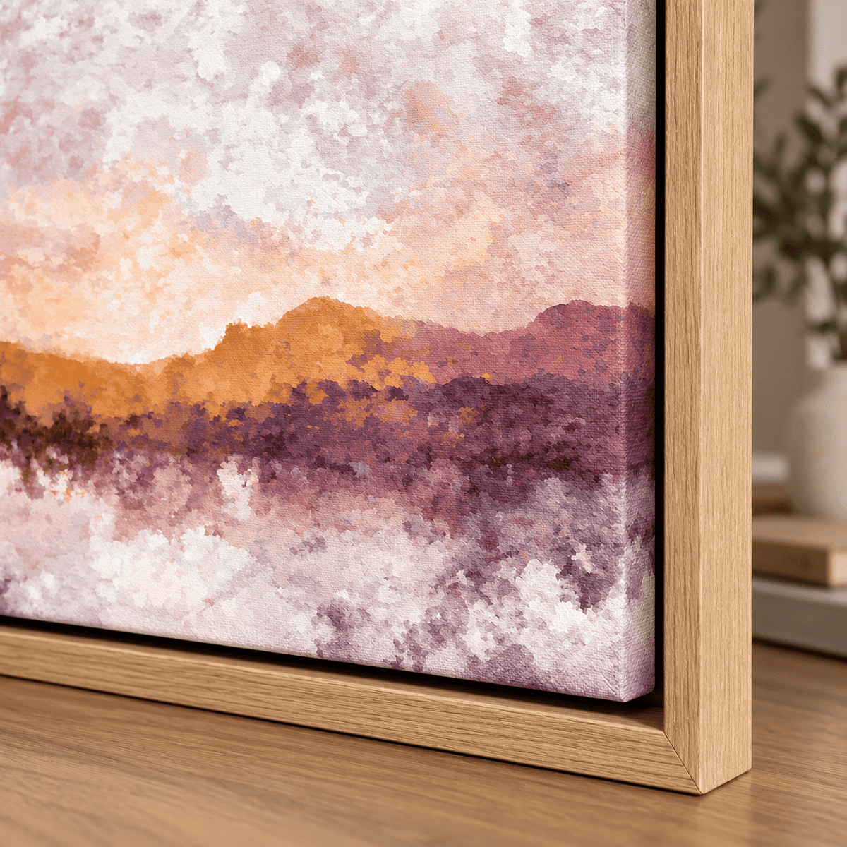 Close-up corner of the Mauve Reflection canvas print in a hardwood floater frame