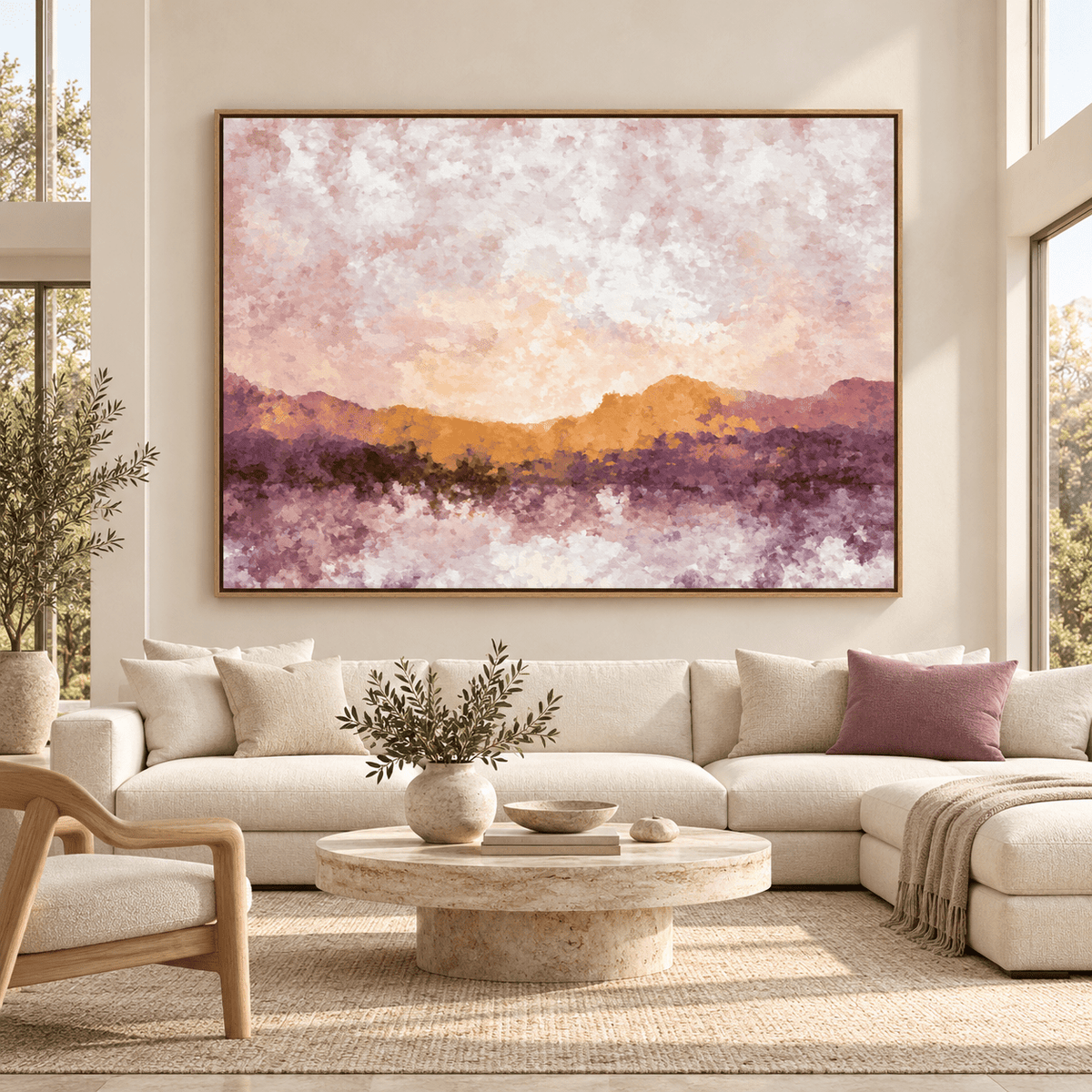 Mauve wall art Mauve Reflection above a cream sofa in a bright living room
