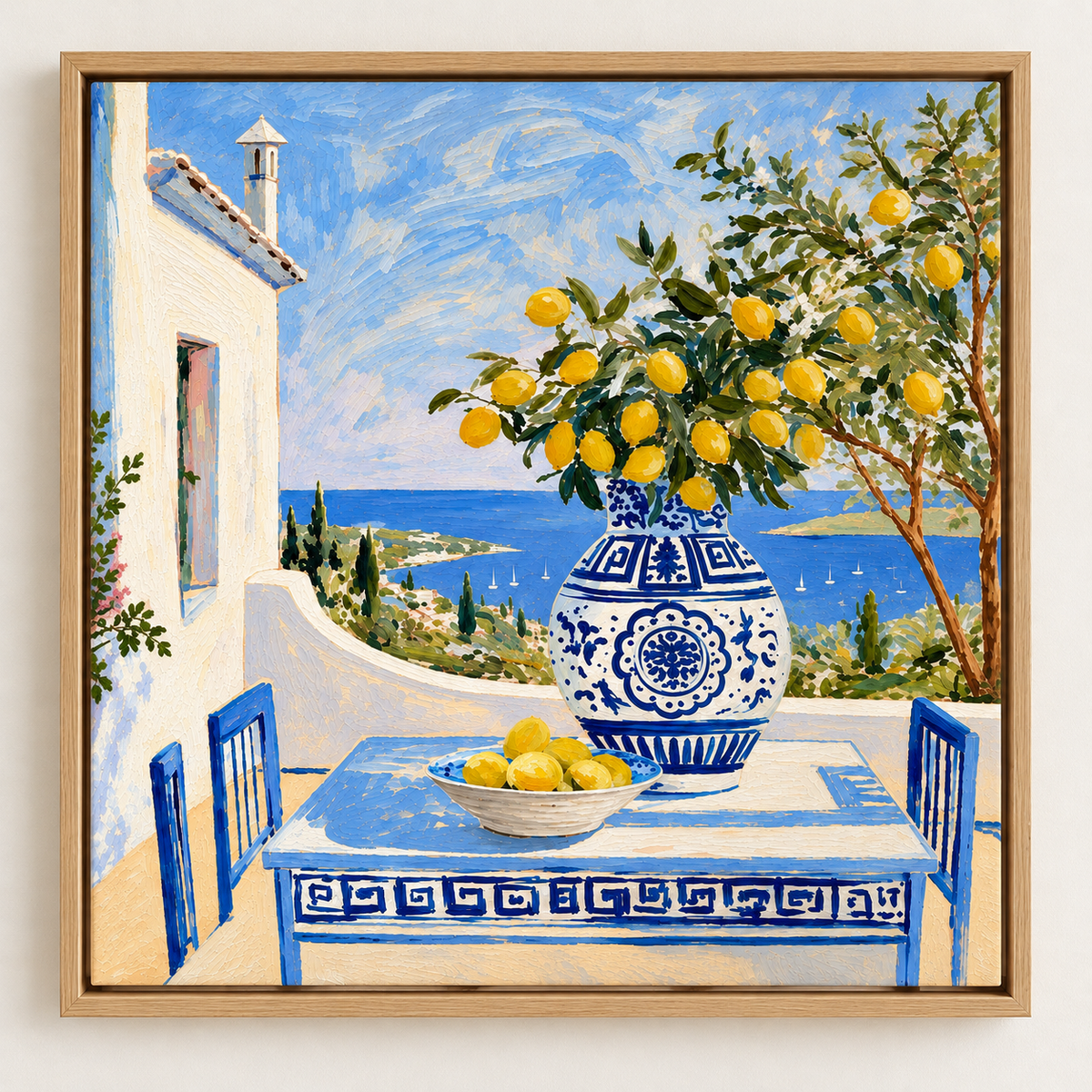 Mediterranean Wall Art – Aegean Terrace by Rossetti Art, lemon vase on a blue terrace table