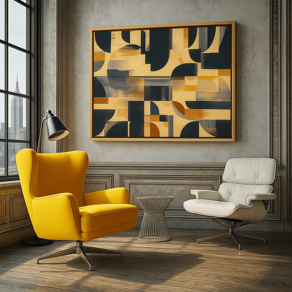 Canvas Print : Mid - Century Modern Abstract | Yellow Geometric Canvas Wall Art modern abstract canvas wall art by Rossetti Art – luxury interior design artwork for living room, bedroom, office – 70s inspired art bold wall print contemporary living room art