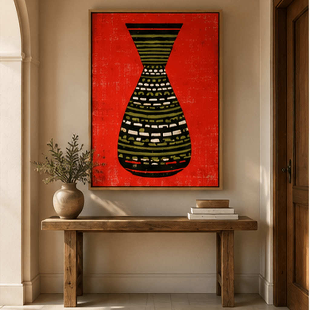 Vertical red tribal vase canvas print in oak floating frame styled in a warm modern entryway