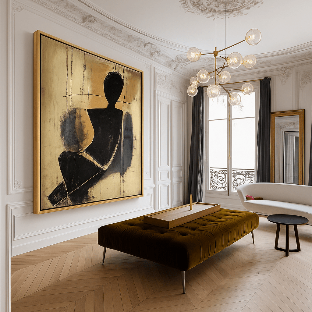 Canvas Print : Minimalist Abstract Figure Canvas Print | Modern Black & Gold Wall Art - Chiara Rossetti