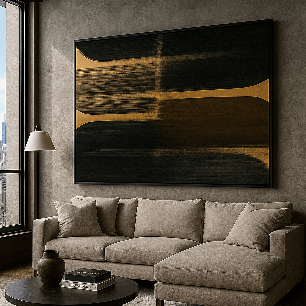 Canvas Print : Minimalist Golden Shift – Black and Gold Canvas Art - Chiara Rossetti
