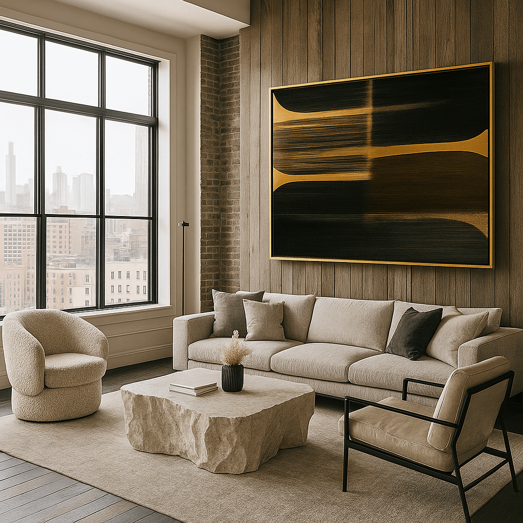 Canvas Print : Minimalist Golden Shift – Black and Gold Canvas Art modern abstract canvas wall art by Rossetti Art – luxury interior design artwork for living room, bedroom, office – black and gold abstract artwork bronze wall decor industrial abstract design