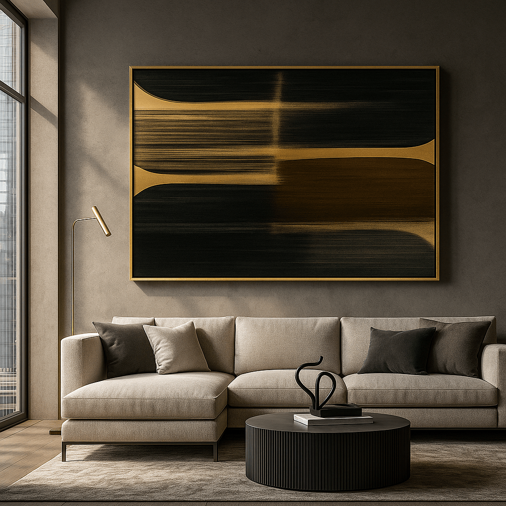 Canvas Print : Minimalist Golden Shift – Black and Gold Canvas Art modern abstract canvas wall art by Rossetti Art – luxury interior design artwork for living room, bedroom, office – black and gold abstract artwork bronze wall decor industrial abstract design