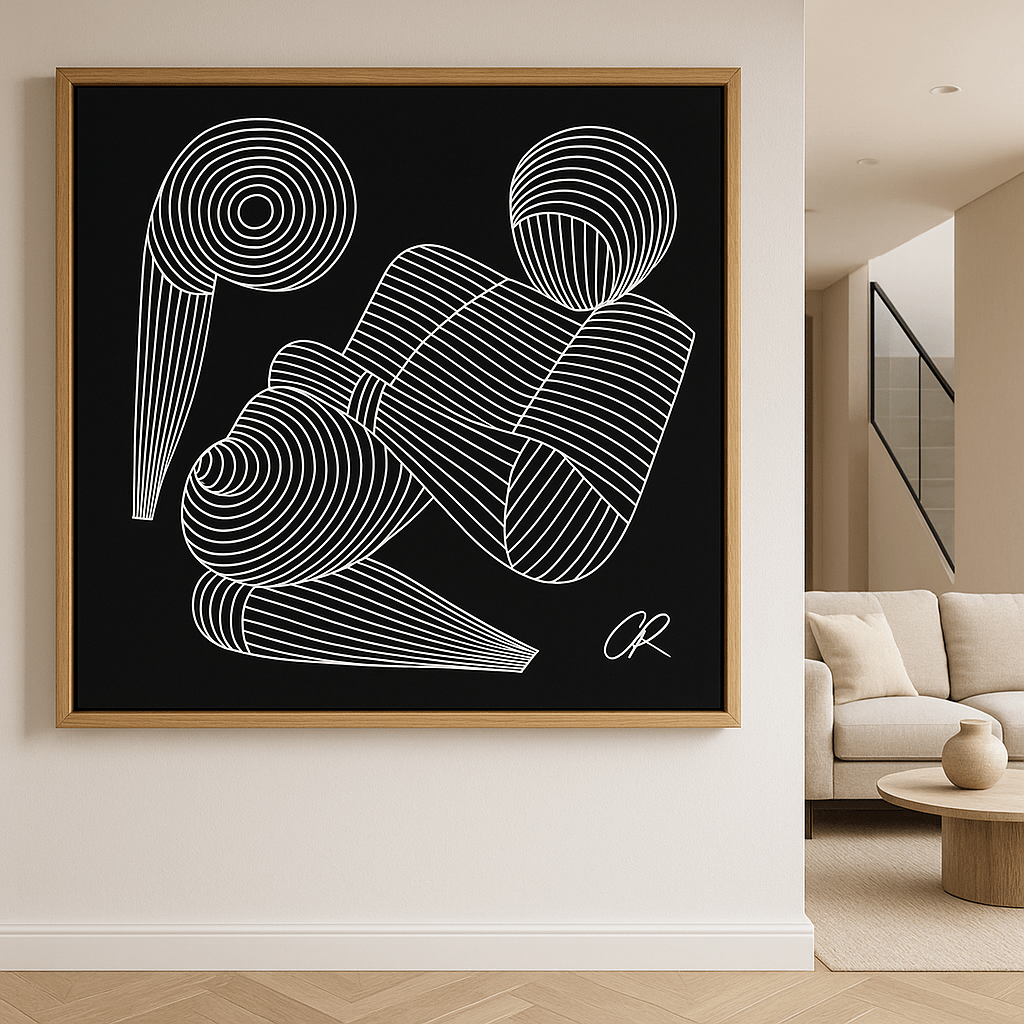 Canvas Print : Minimalist Line Art Print – Abstract White Figure on Black Canvas modern abstract canvas wall art by Rossetti Art – luxury interior design artwork for living room, bedroom, office – black and white abstract Contemporary Art for Sale contemporary art piece