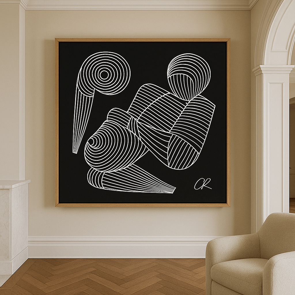 Canvas Print : Minimalist Line Art Print – Abstract White Figure on Black Canvas modern abstract canvas wall art by Rossetti Art – luxury interior design artwork for living room, bedroom, office – black and white abstract Contemporary Art for Sale contemporary art piece