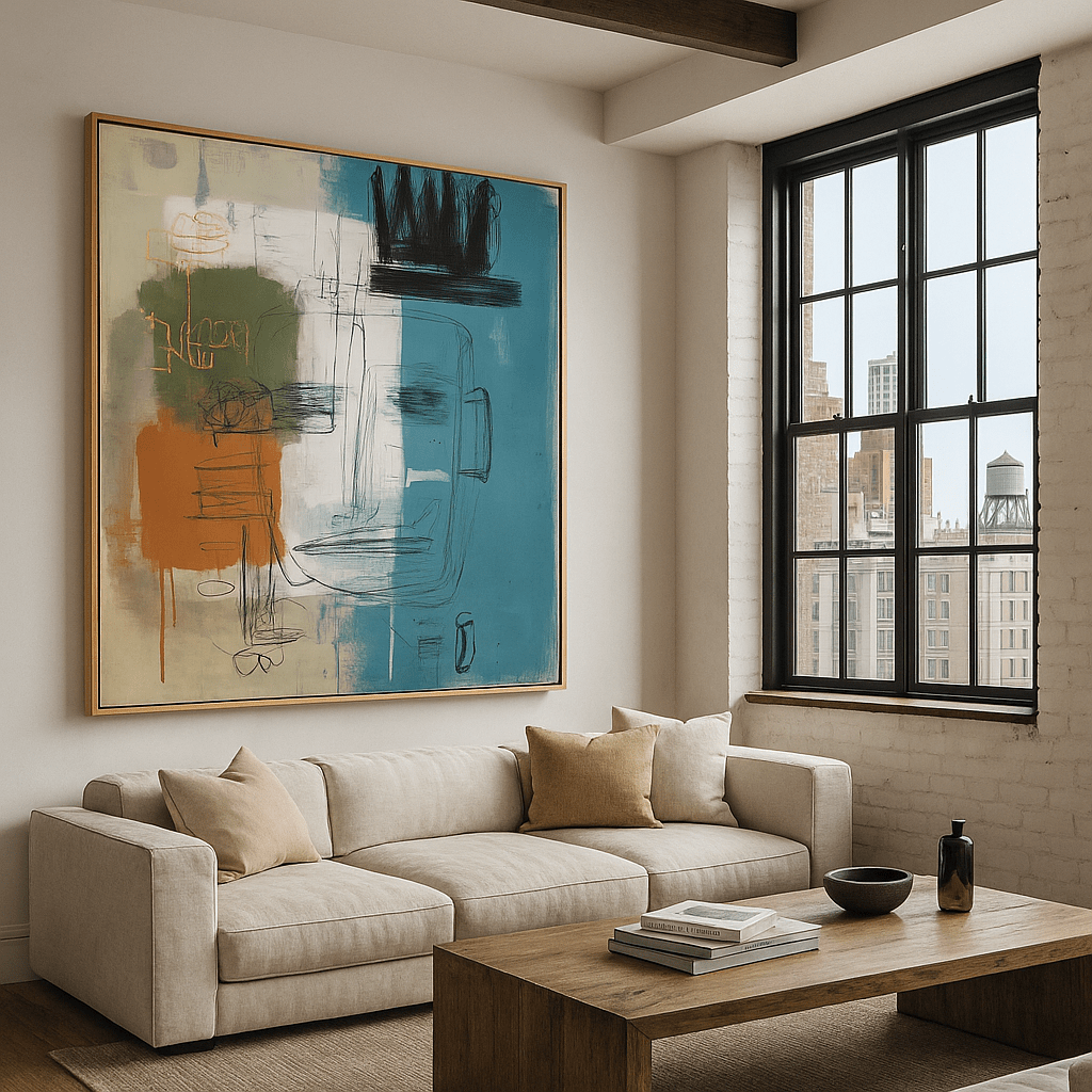 Canvas Print: Modern Abstract Canvas Print in Blue and Terracotta – Contemporary Face Art for Urban Interiors | Rossetti Art modern abstract canvas wall art by Rossetti Art – luxury interior design artwork for living room, bedroom, office – abstract wall art contemporary wall design extra large canvas wall art for living room