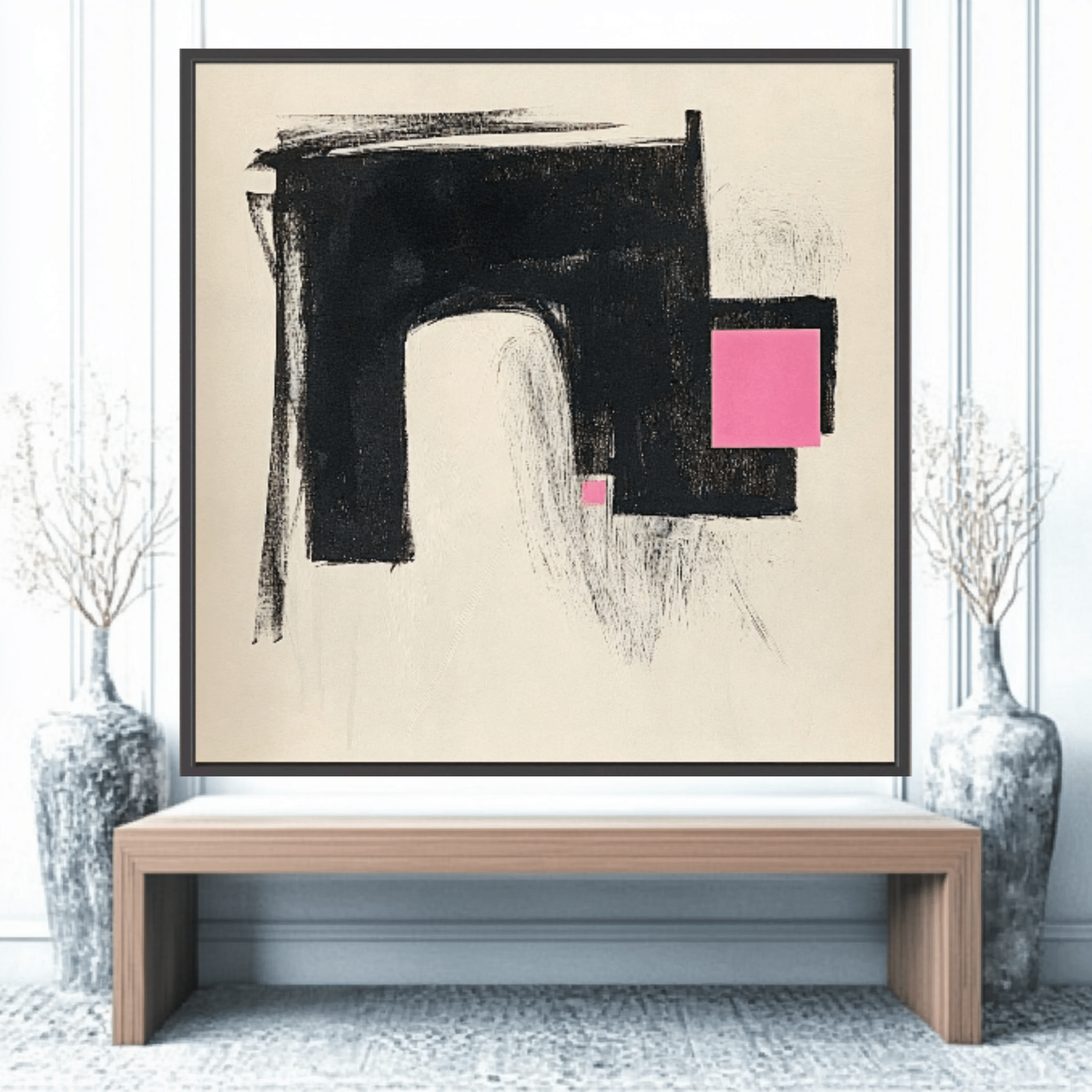 Canvas Print: Modern Contrast – Abstract Minimalist Geometric Art modern abstract canvas wall art by Rossetti Art – luxury interior design artwork for living room, bedroom, office – Black and Pink Wall Art Large Canvas Art Minimalist Canvas Print