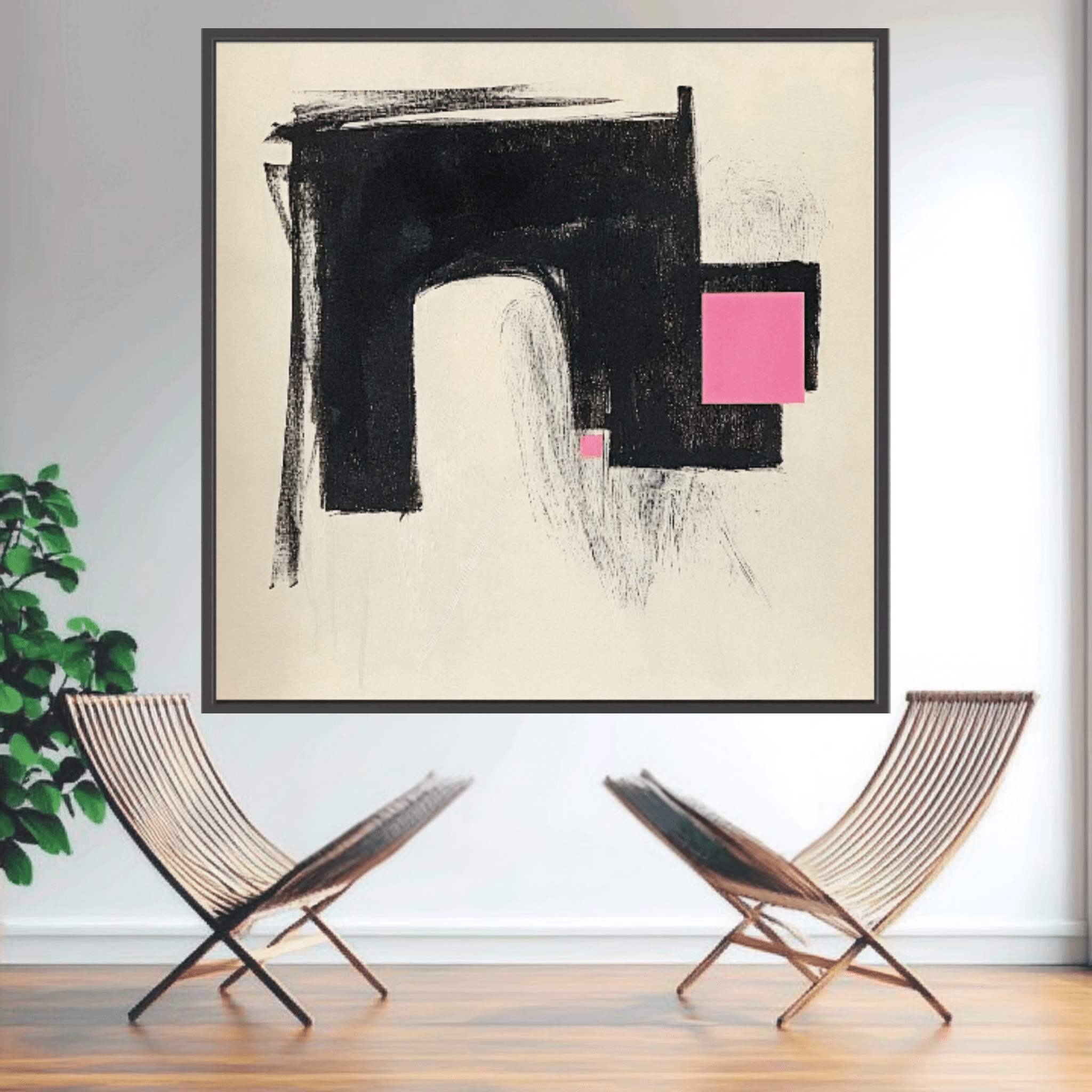 Canvas Print: Modern Contrast – Abstract Minimalist Geometric Art modern abstract canvas wall art by Rossetti Art – luxury interior design artwork for living room, bedroom, office – Black and Pink Wall Art Large Canvas Art Minimalist Canvas Print