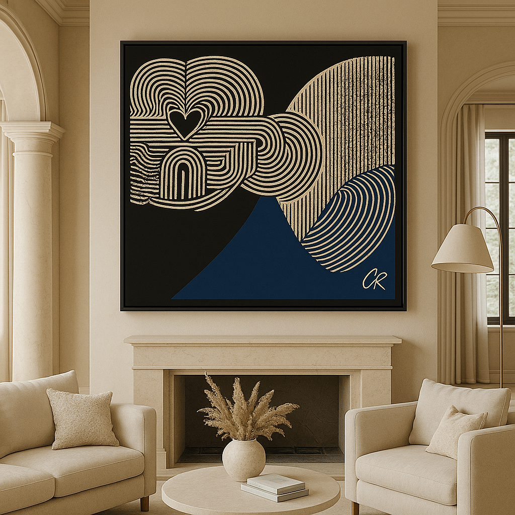 Canvas Print : Modern Gold Line Art – Heart House Abstract Canvas modern abstract canvas wall art by Rossetti Art – luxury interior design artwork for living room, bedroom, office – black and white abstract Contemporary Art for Sale contemporary art piece