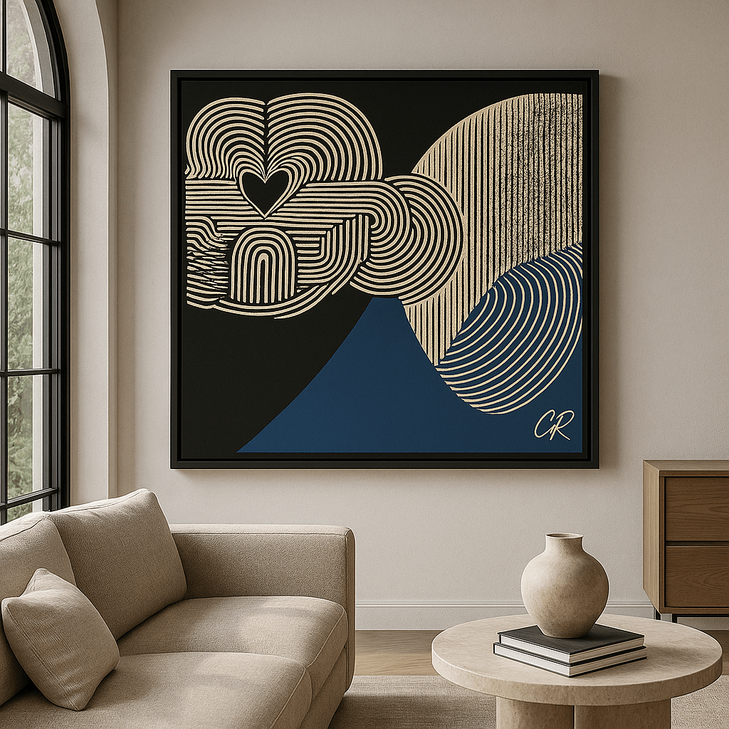 Canvas Print : Modern Gold Line Art – Heart House Abstract Canvas modern abstract canvas wall art by Rossetti Art – luxury interior design artwork for living room, bedroom, office – black and white abstract Contemporary Art for Sale contemporary art piece