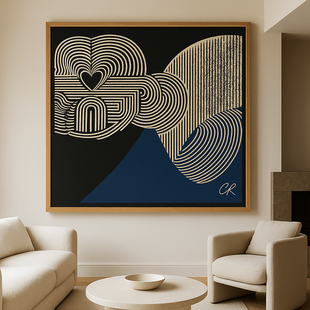 Canvas Print : Modern Gold Line Art – Heart House Abstract Canvas modern abstract canvas wall art by Rossetti Art – luxury interior design artwork for living room, bedroom, office – black and white abstract Contemporary Art for Sale contemporary art piece