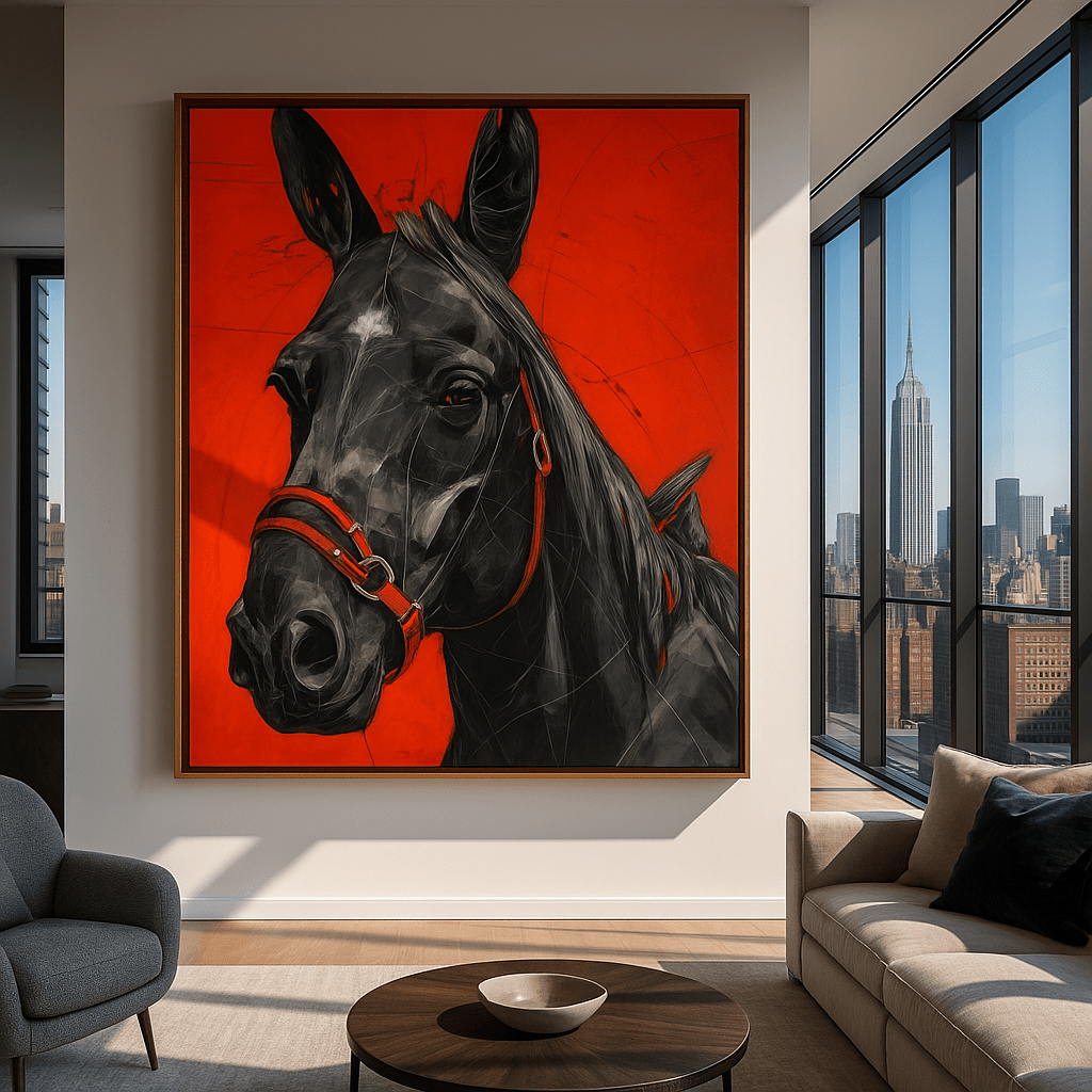 Canvas Print : Modern Horse Canvas Print in Black and Red – Luxury Equestrian Wall Art for Contemporary Interiors | Rossetti Art modern abstract canvas wall art by Rossetti Art – luxury interior design artwork for living room, bedroom, office – large abstract art large canvas artwork large geometric wall art for living room