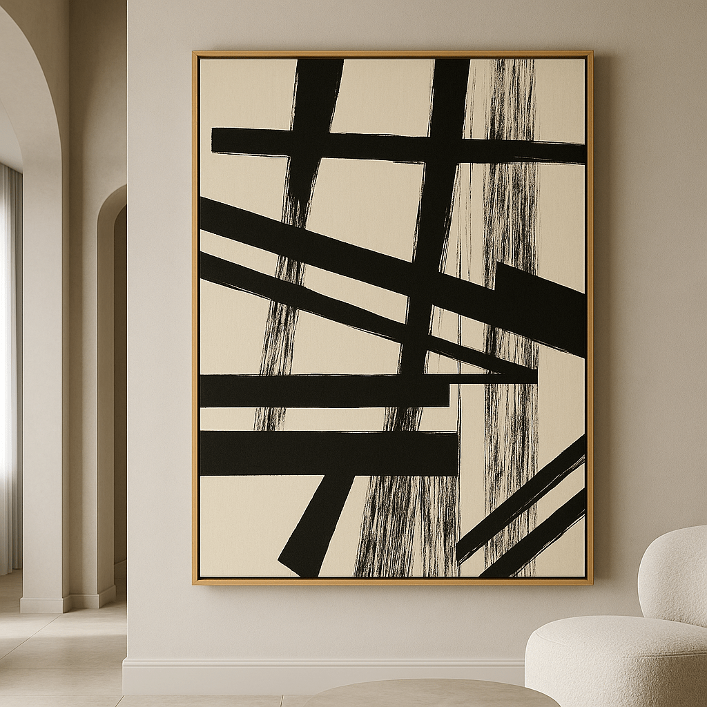 Canvas Print: Momentum Lines – Black & White Abstract Canvas Triptych Set modern abstract canvas wall art by Rossetti Art – luxury interior design artwork for living room, bedroom, office – 3 piece black and white wall art 3 piece wall art for living room black and white 3 piece wall art