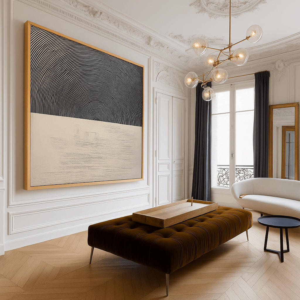 Canvas Print: Monochrome Resonance - Minimalist Circle Art modern abstract canvas wall art by Rossetti Art – luxury interior design artwork for living room, bedroom, office – Abstract Line Design Contemporary Minimalism contemporary wall painting