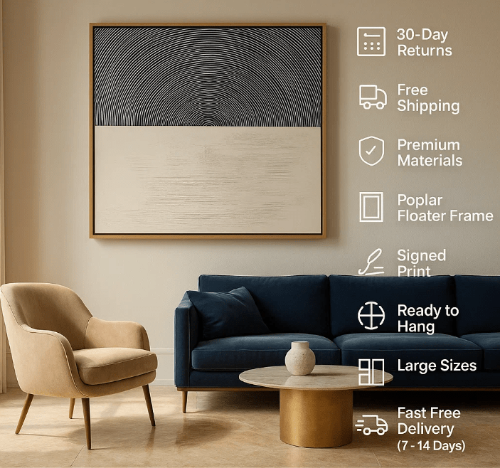 Canvas Print: Monochrome Resonance - Minimalist Circle Art modern abstract canvas wall art by Rossetti Art – luxury interior design artwork for living room, bedroom, office – Abstract Line Design Contemporary Minimalism contemporary wall painting