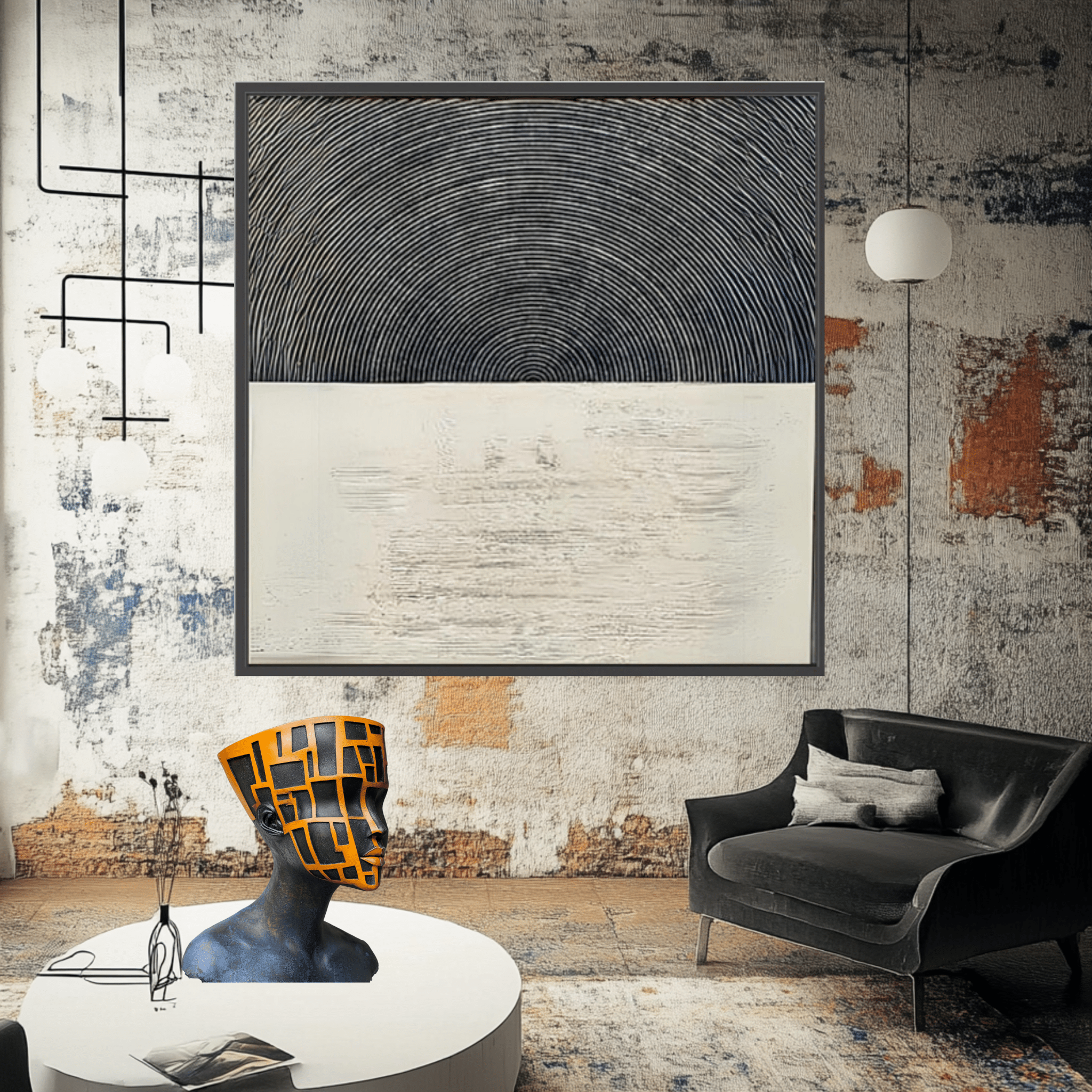 Canvas Print: Monochrome Resonance - Minimalist Circle Art modern abstract canvas wall art by Rossetti Art – luxury interior design artwork for living room, bedroom, office – Abstract Line Design Contemporary Minimalism contemporary wall painting