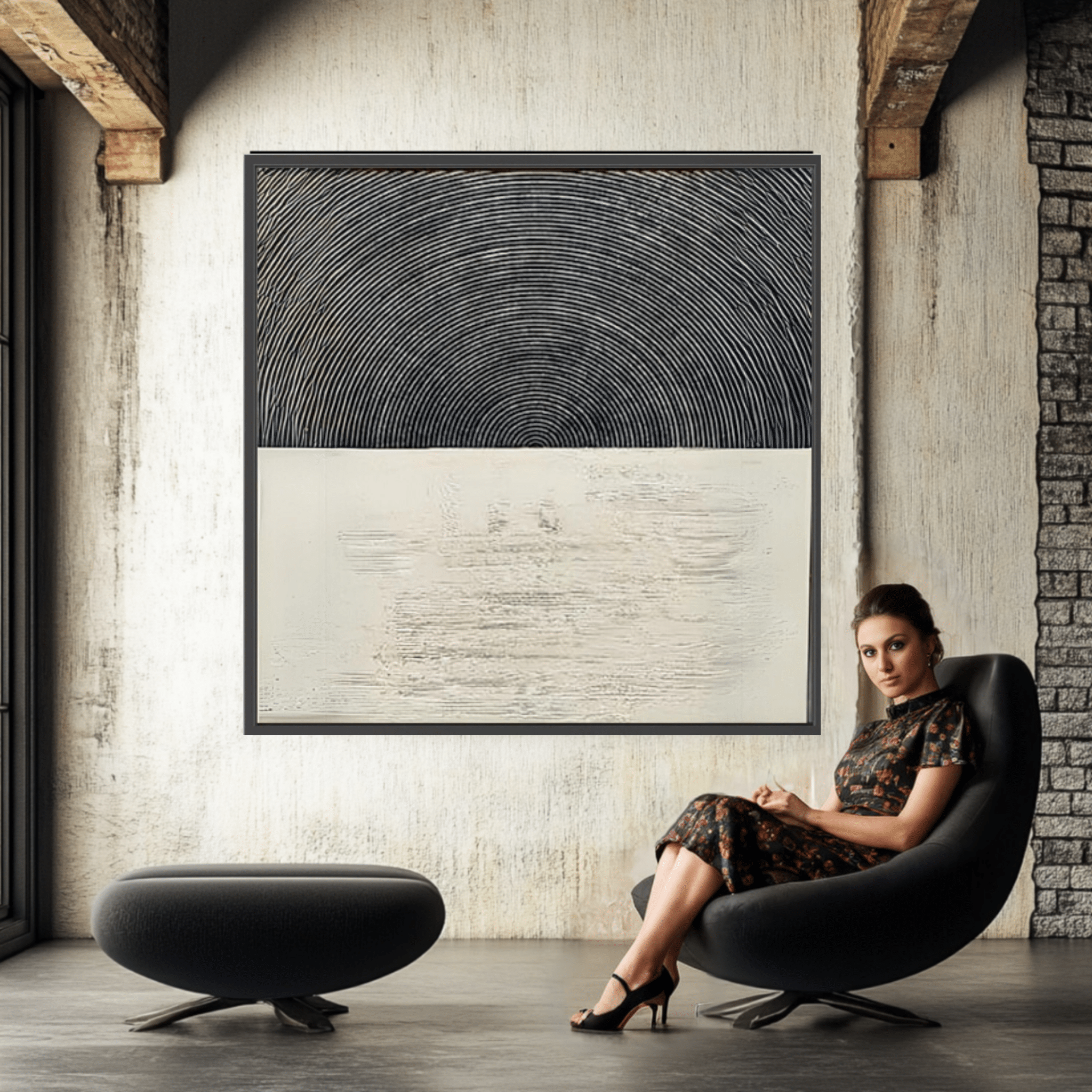 Canvas Print: Monochrome Resonance - Minimalist Circle Art modern abstract canvas wall art by Rossetti Art – luxury interior design artwork for living room, bedroom, office – Abstract Line Design Contemporary Minimalism contemporary wall painting