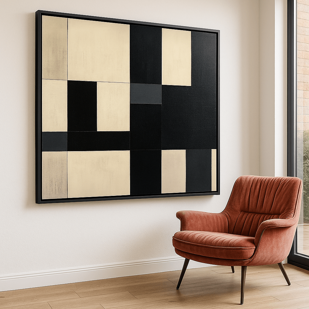 Canvas Print : Monochrome Symphony - Modern Abstract Black & White Canvas Art modern abstract canvas wall art by Rossetti Art – luxury interior design artwork for living room, bedroom, office – black & white wall canvas large black white canvas wall art large framed wall art for dining room