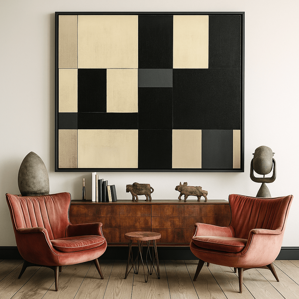 Canvas Print : Monochrome Symphony - Modern Abstract Black & White Canvas Art modern abstract canvas wall art by Rossetti Art – luxury interior design artwork for living room, bedroom, office – black & white wall canvas large black white canvas wall art large framed wall art for dining room