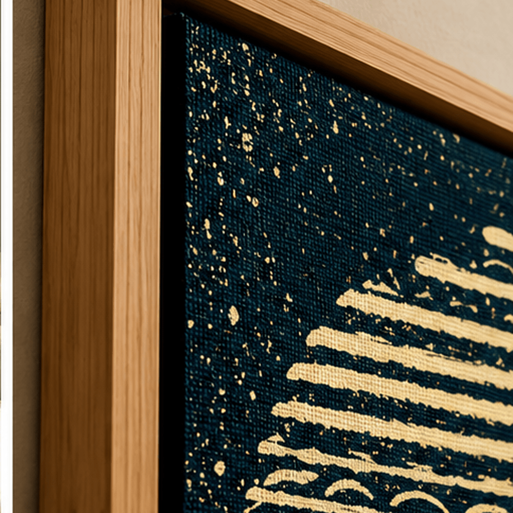 Close-up of amber and teal textured circle canvas texture and oak floating frame corner