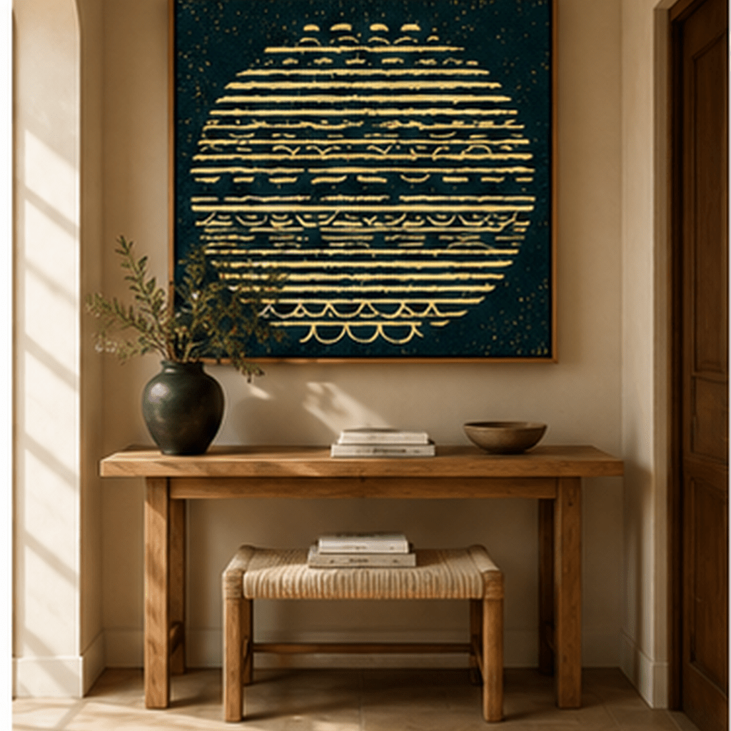Square amber and teal textured circle canvas print in oak floating frame styled in a warm modern entryway