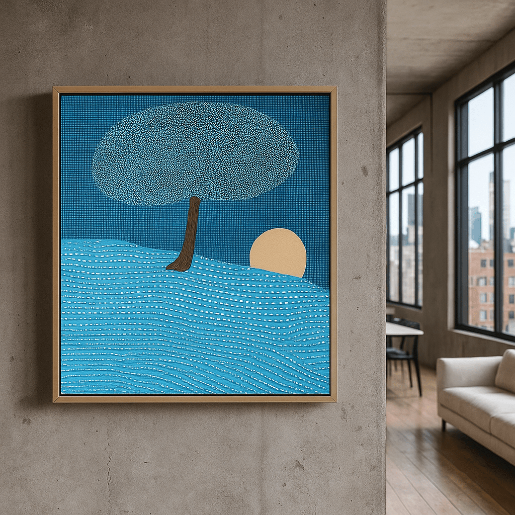 Canvas Print : Moonrise Tree - Naive Style Abstract Canvas Print in Blue Tones - Chiara Rossetti