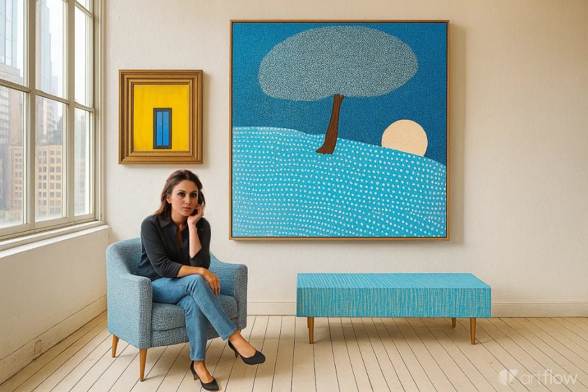 Canvas Print : Moonrise Tree - Naive Style Abstract Canvas Print in Blue Tones modern abstract canvas wall art by Rossetti Art – luxury interior design artwork for living room, bedroom, office – abstract Abstract art print abstract tree artwork