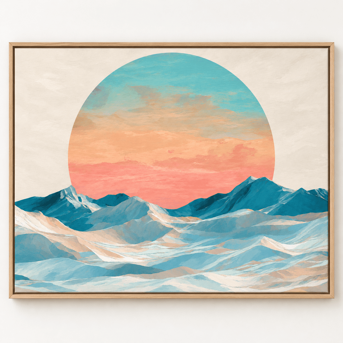 Mountain Landscape Wall Art – Glacier Sun canvas print by Rossetti Art, pastel sun over snowy peaks