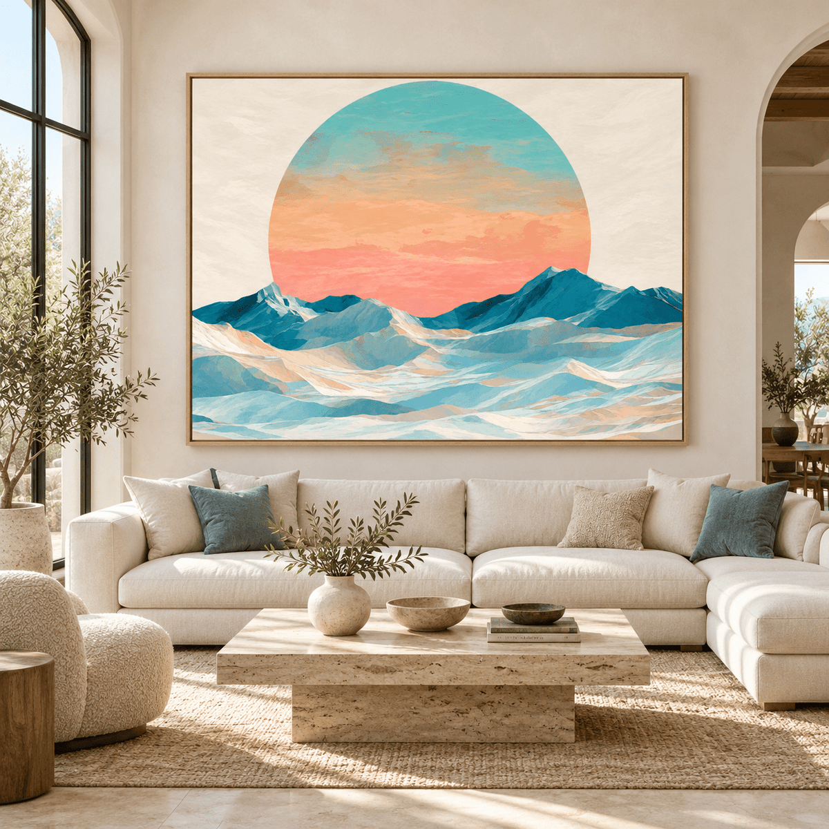 Mountain landscape wall art Glacier Sun above a linen sofa in a bright living room