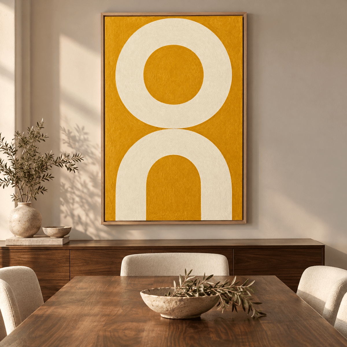 Mustard Wall Art – Sunlit Arch by Rossetti Art above a wooden sideboard in a dining room