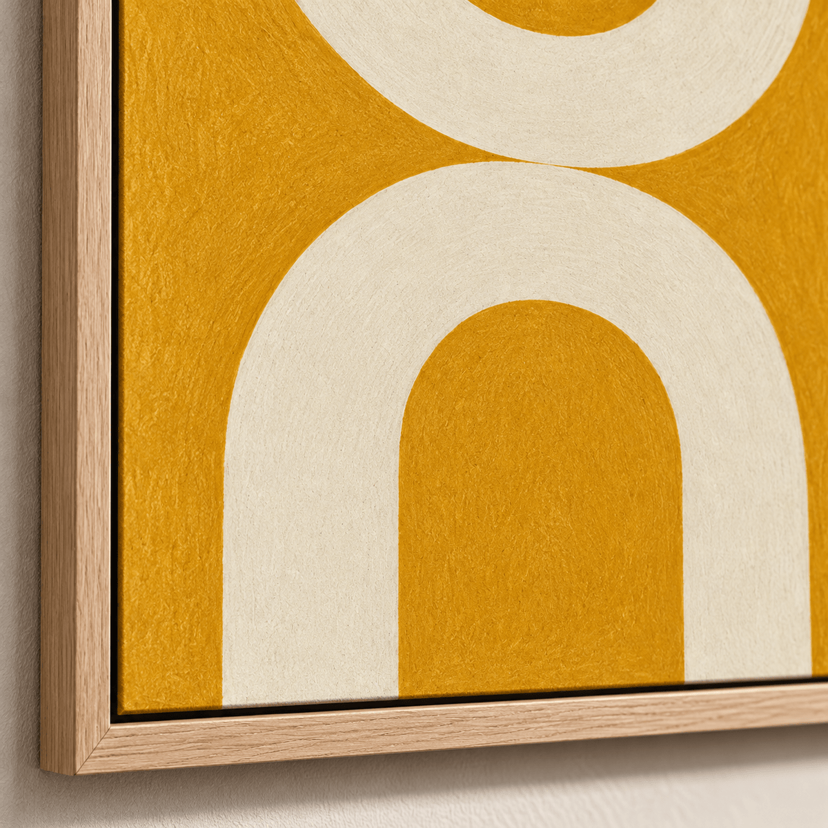 Mustard Wall Art – Sunlit Arch by Rossetti Art, close-up of the textured finish and floater frame corner