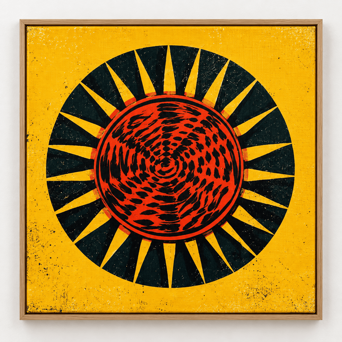 Mustard Yellow Wall Art – Solar Flare canvas print in an oak floater frame, front view