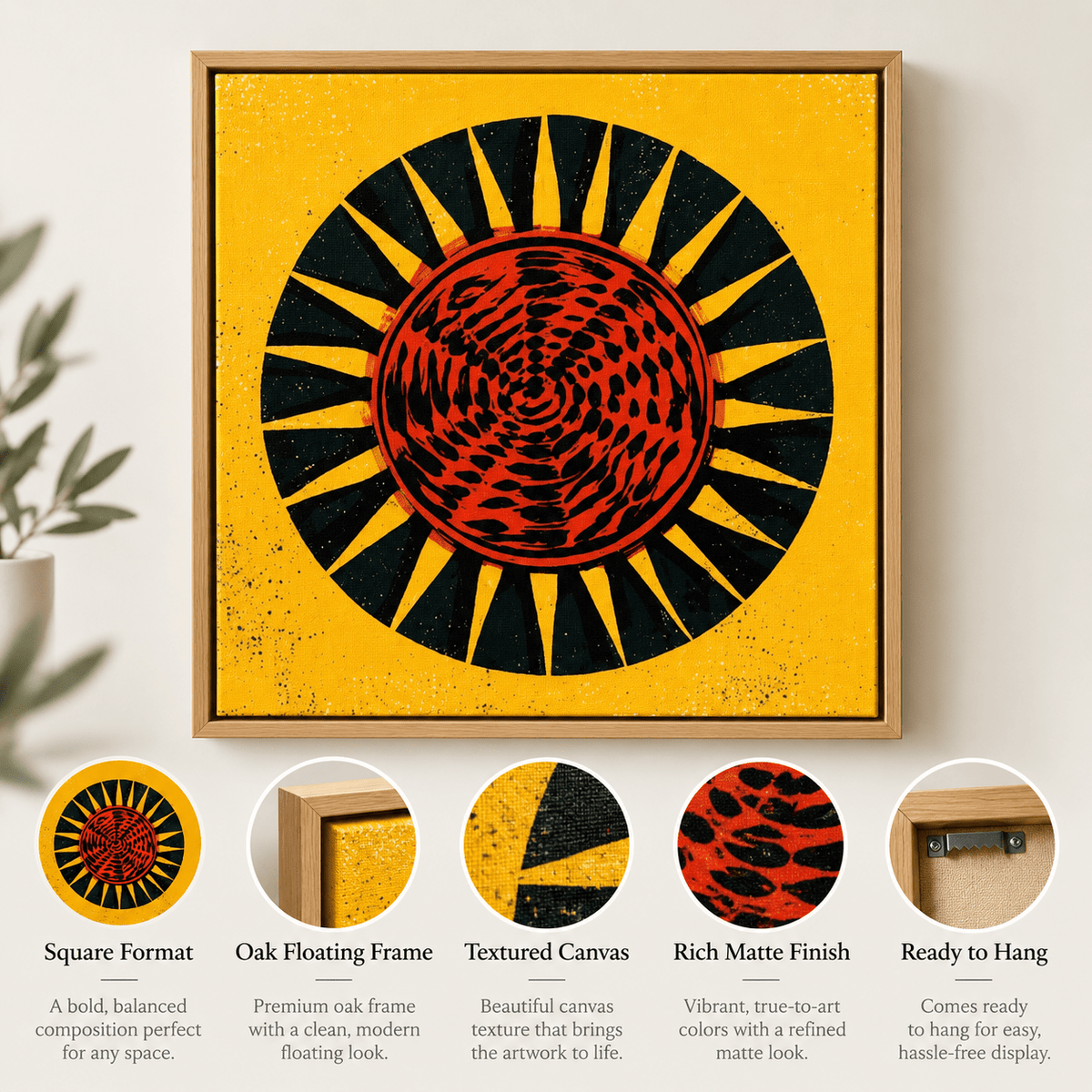 Mustard Yellow Wall Art – Solar Flare infographic showing square format, oak floating frame, textured canvas, matte finish, and ready-to-hang hardware