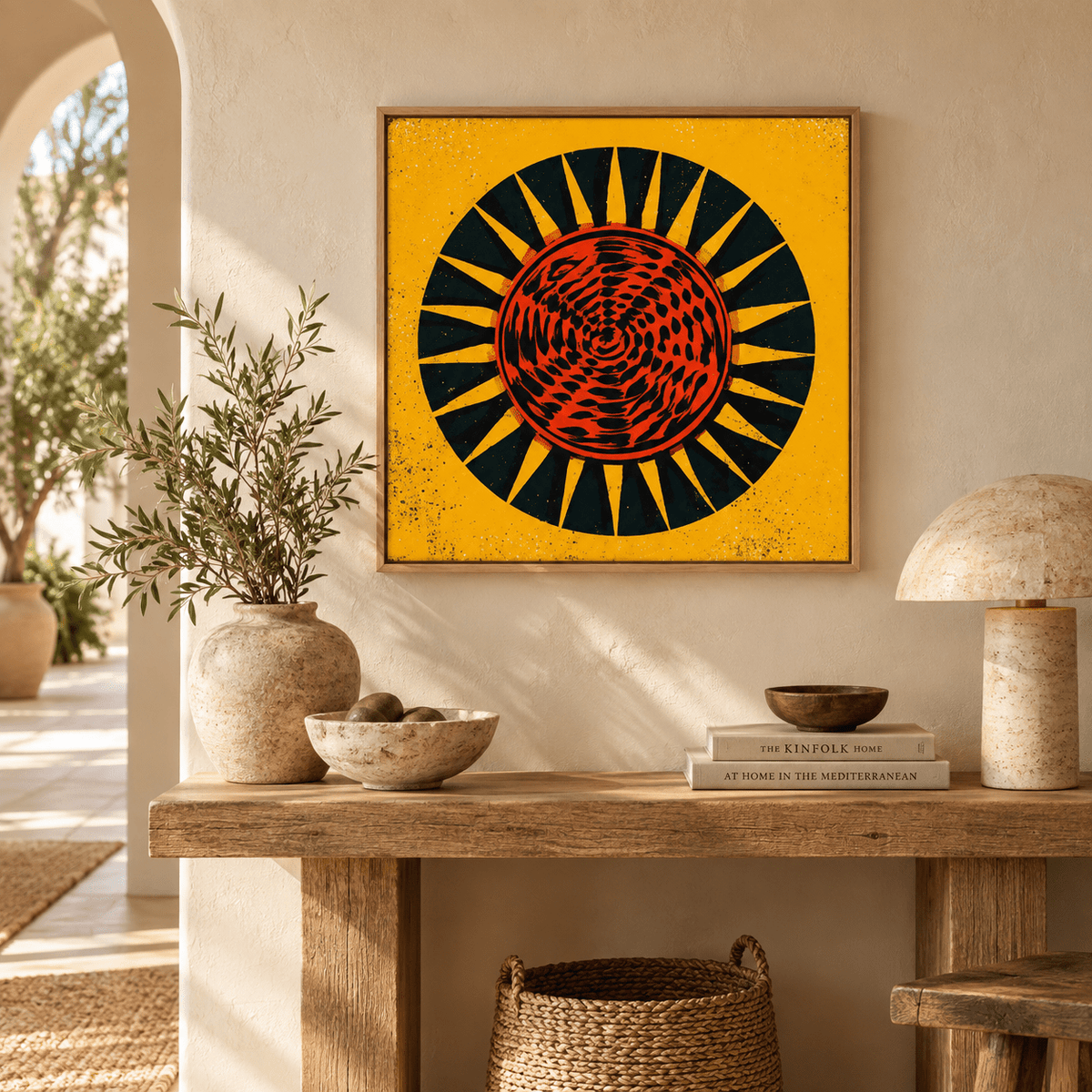 Mustard Yellow Wall Art – Solar Flare canvas print in an entryway above a console table