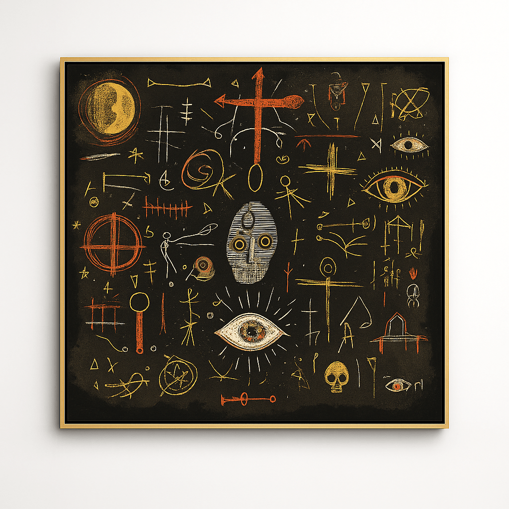 Canvas Print: Mystic Codes – Abstract Symbolism Canvas Print | Modern Surreal Wall Art for Luxury Home Decor by Rossetti Art modern abstract canvas wall art by Rossetti Art – luxury interior design artwork for living room, bedroom, office – canvas print art Chiara Rossetti figurative