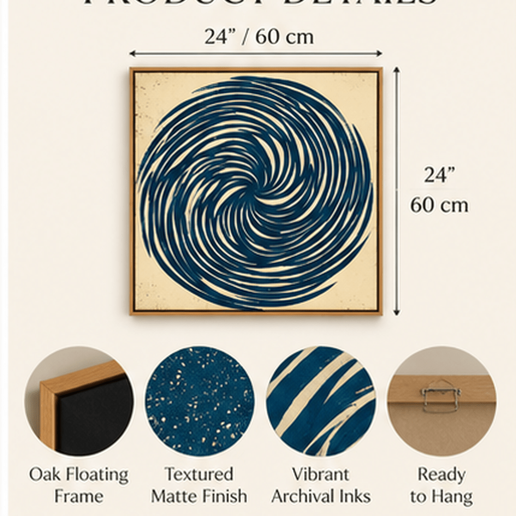 Product infographic for square navy and cream swirl canvas print with oak floating frame
