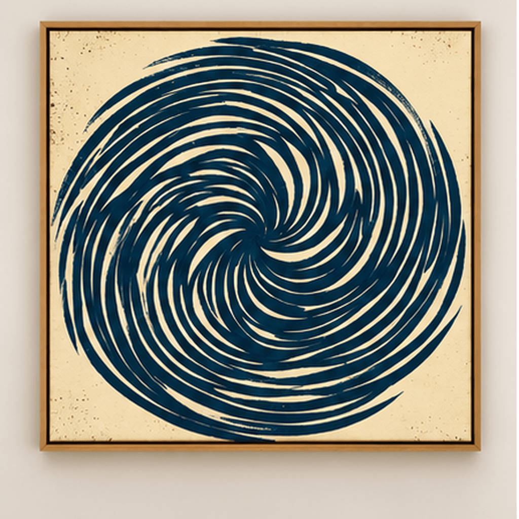 Front view of square navy and cream swirl canvas print in oak floating frame