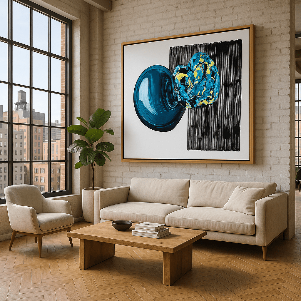 Canvas Print : Neo - Abstract Geometry | Modern Handmade Wall Art Print modern abstract canvas wall art by Rossetti Art – luxury interior design artwork for living room, bedroom, office – artistic home decor black and white wall art blue and yellow painting