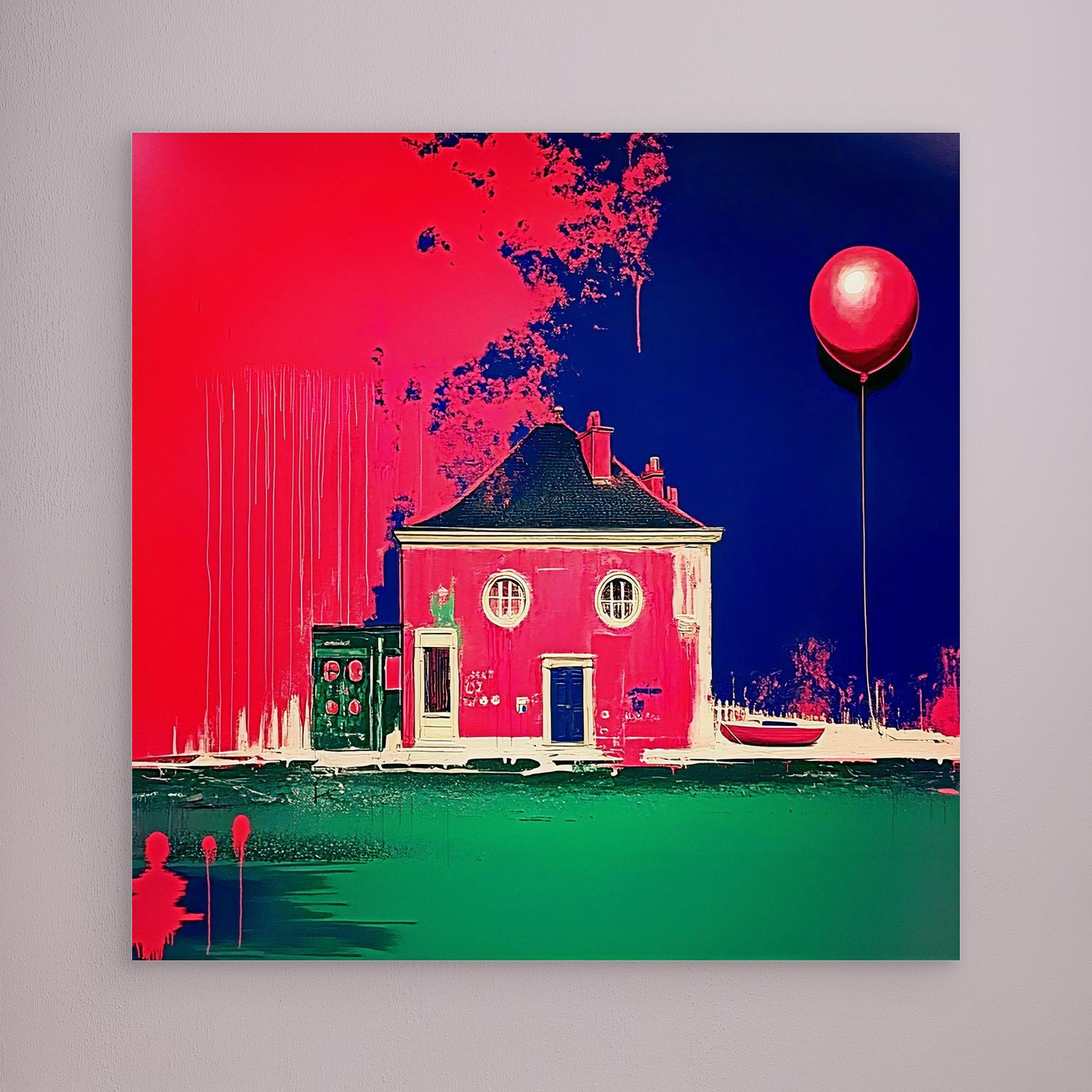 Canvas Print: Neon Nest – Surreal Modern House & Balloon Art modern abstract canvas wall art by Rossetti Art – luxury interior design artwork for living room, bedroom, office – Architectural Fantasy Art Balloon Art Print Color Splash Canvas